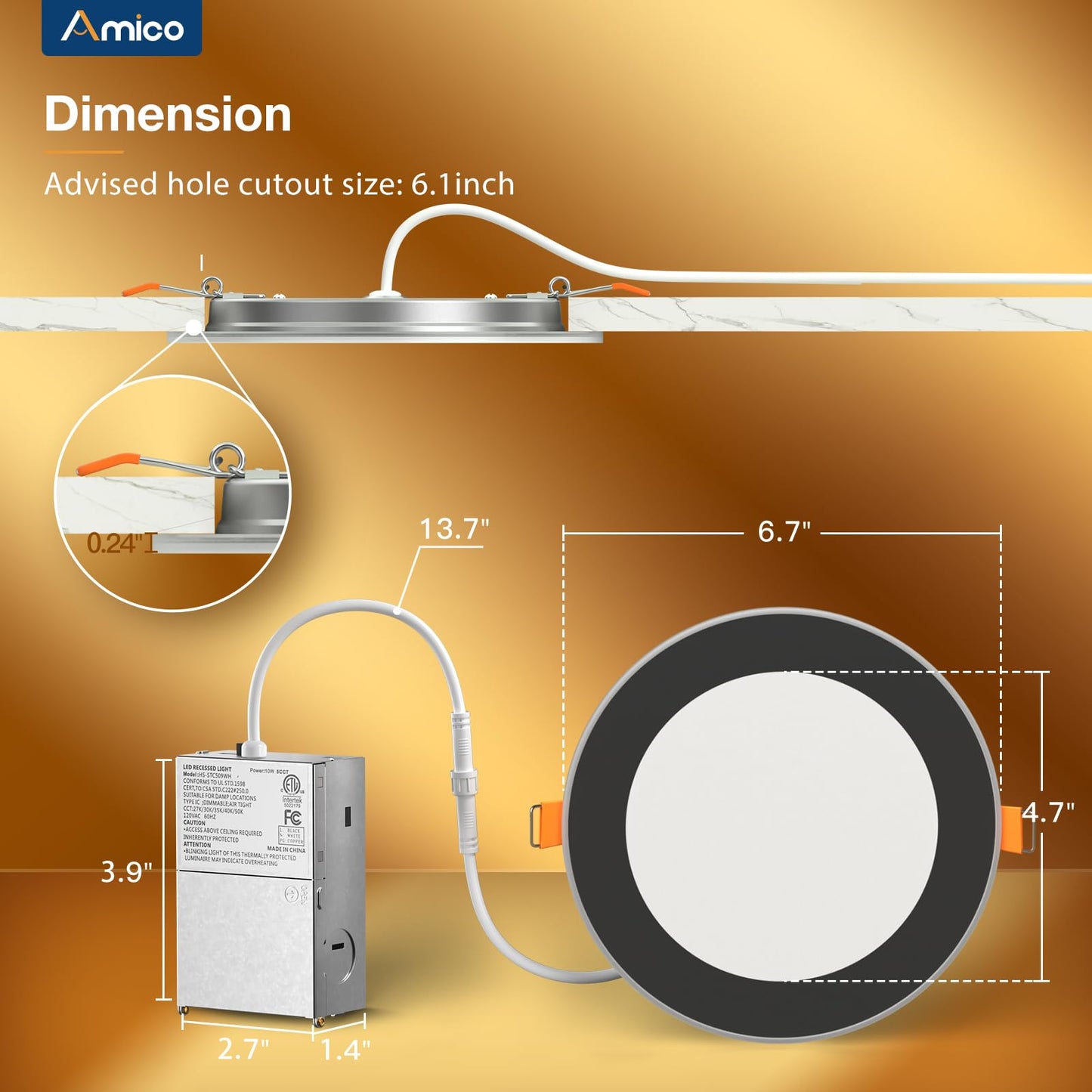 Amico 4 Pack Black 6 Inch 5Cct Led Recessed Ceiling Light With Night Light  2700K-5000K Selectable Ultra-Thin Recessed Lighting  12W=110W  1100Lm  Dimmable Canless Wafer Downlight Etl&Fcc