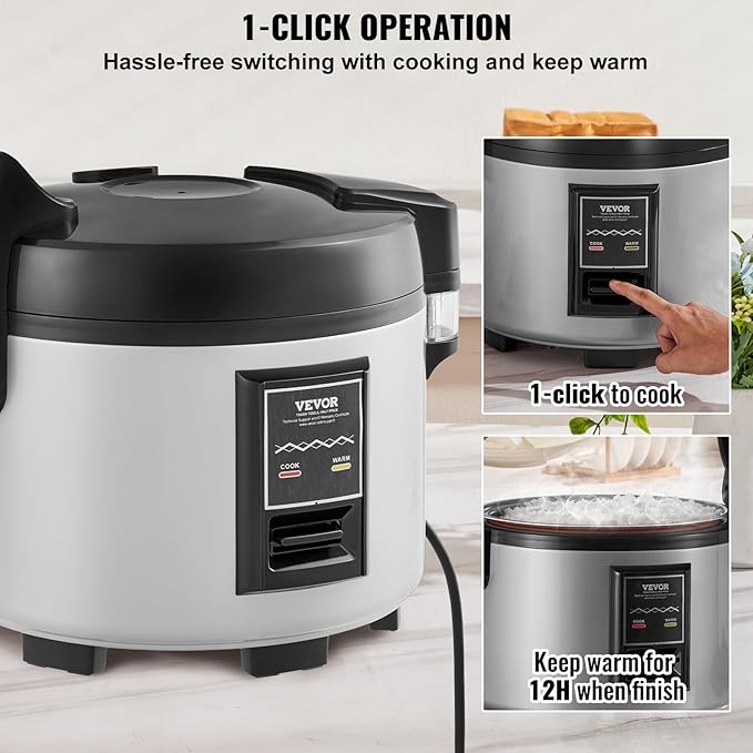 VEVOR Commercial Rice Cooker, 60-Cup Rice Cooker, 13.74 Qt / 13 Liter Large Rice Cooker and Warmer with Nonstick Inner Pot, Fast Cooking and 12-Hour Keep Warm, with Rice Cup and Paddle, for Restaurant