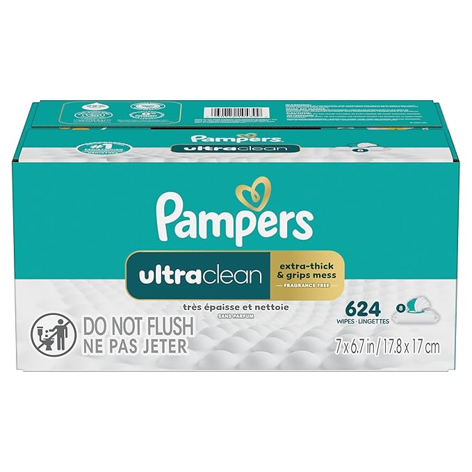 Pampers Ultra Clean Baby Wipes (Previously 'Free & Gentle'), 99% Water, Hypoallergenic, Unscented, 100% Plant Based, Plastic-Free, 624 Baby Wipes Total (8X Flip-Top Packs) [Packaging May Vary]