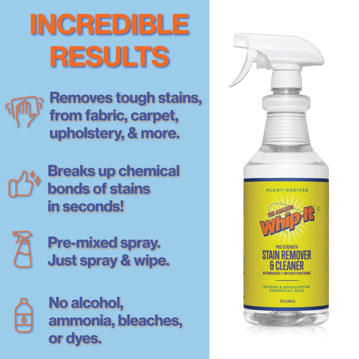 Whip It Cleaner, Multi Purpose Stain Remover Professional Strength Spray, Plant Based Enzyme Cleaner, Cleaning Food, Coffee, Wine, Baby Stains, Pet Stains, Over 500 uses, Made in USA, 32 OZ
