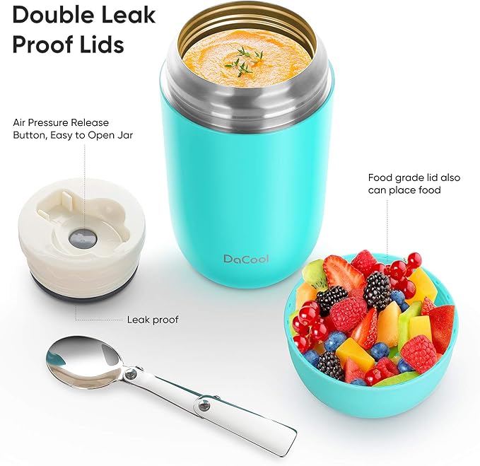 DaCool Insulated Lunch Container Hot Food Jar 24 oz Stainless Steel Vacuum Bento Lunch Box for Adult with Spoon Leak Proof Hot Food Insulated Container for Office Picnic Travel Outdoors, Cyan Blue