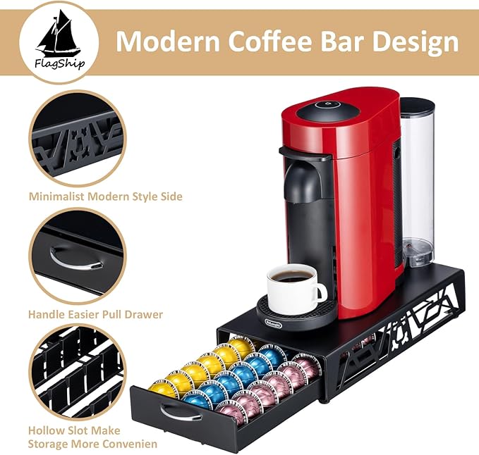 FlagShip Vertuo Pod Drawer Modern Black Metal Coffee Capsule Organizer & Space-Saving for Nespresso Pod Holder Coffee Machine Stand(30 Vertuo Pods Capacity)