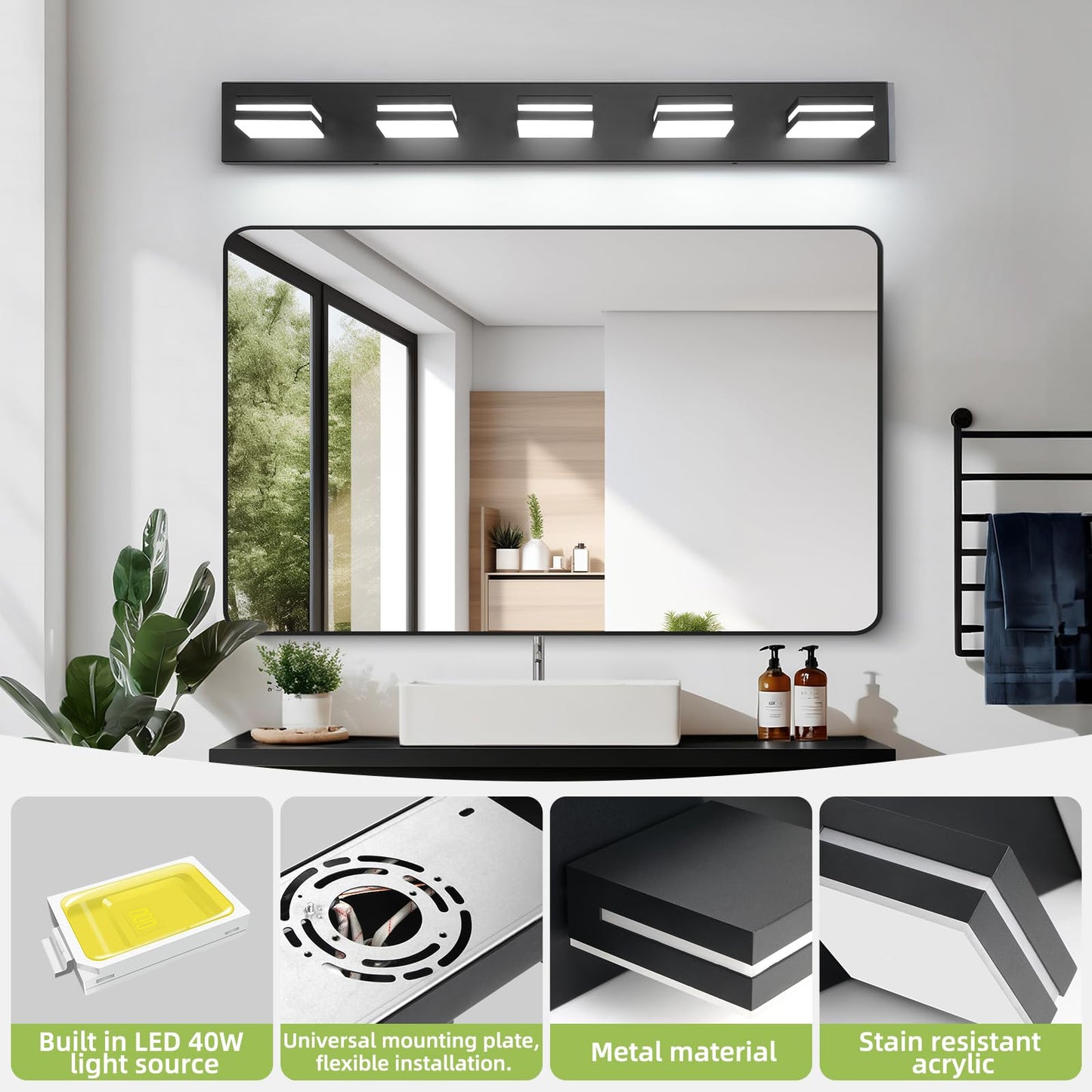 OKELI 5-Light Bathroom Vanity Light, Dimmable LED, 36.2 Inch, Matte Black, Aluminum, Model OK-9553-5T-BK, Adjustable Lamp Head