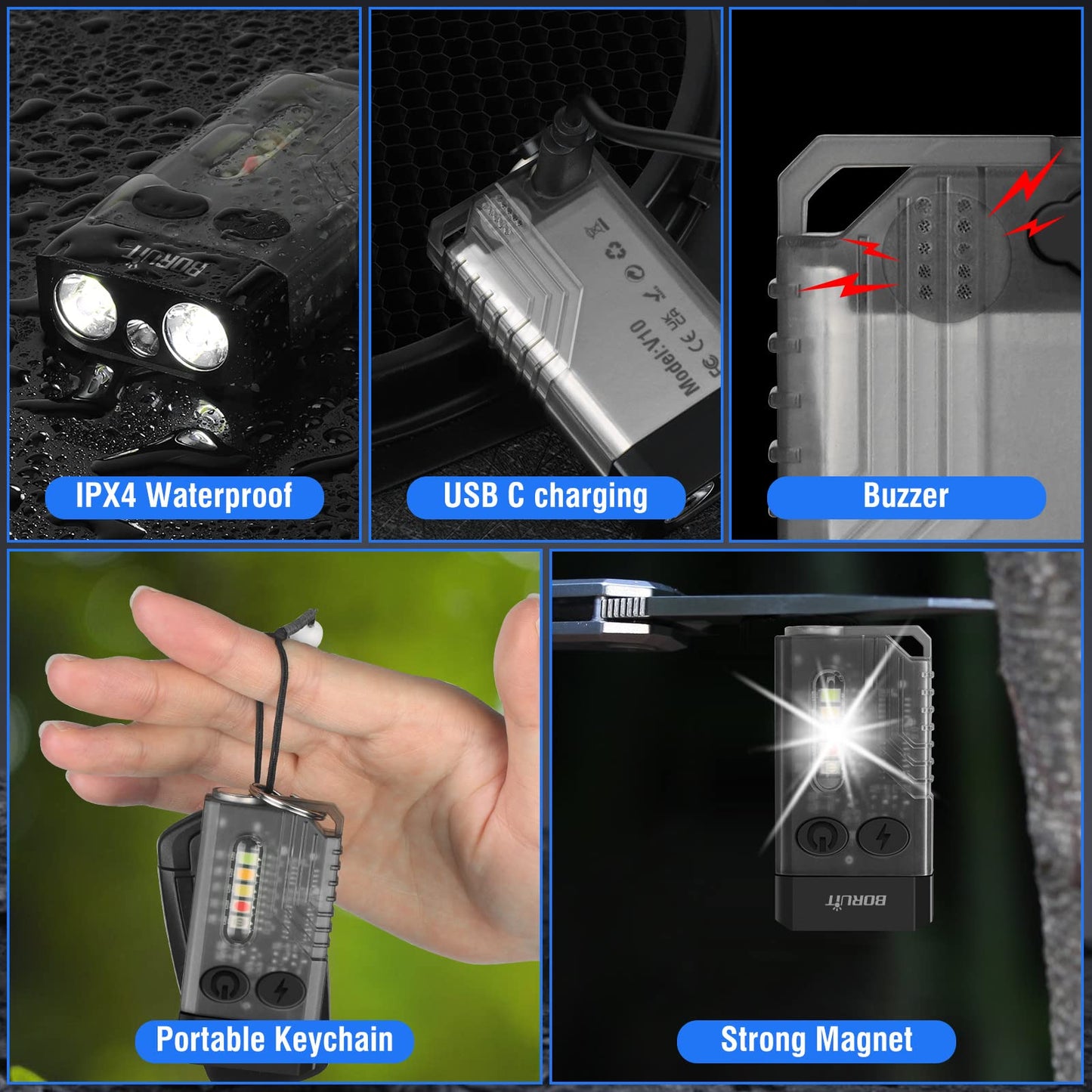 Boruit V10 Powerful Flashlight - 1000Lm, 365Nm Uv Light, Usb C Rechargeable, Aluminum, Black, Keychain With Cob Side Light