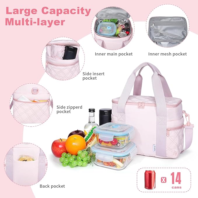 NOL Natural Organic Lifestyle Women's Nylon Lunch Cooler Cute Quilted Lunch Bag Large Leakproof Insulated Lunch Tote Bag for Work Picnic Travel,Pink