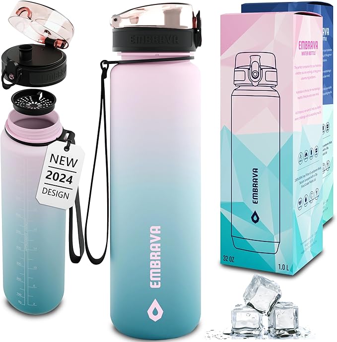 Embrava Sports Water Bottle - 32oz Large - Fast Flow Quick Sip Lid - BPA & BPS Free - Leakproof, Flip Top - Lightweight & Sturdy Tritan Plastic - Strainer for Fruit & Ice