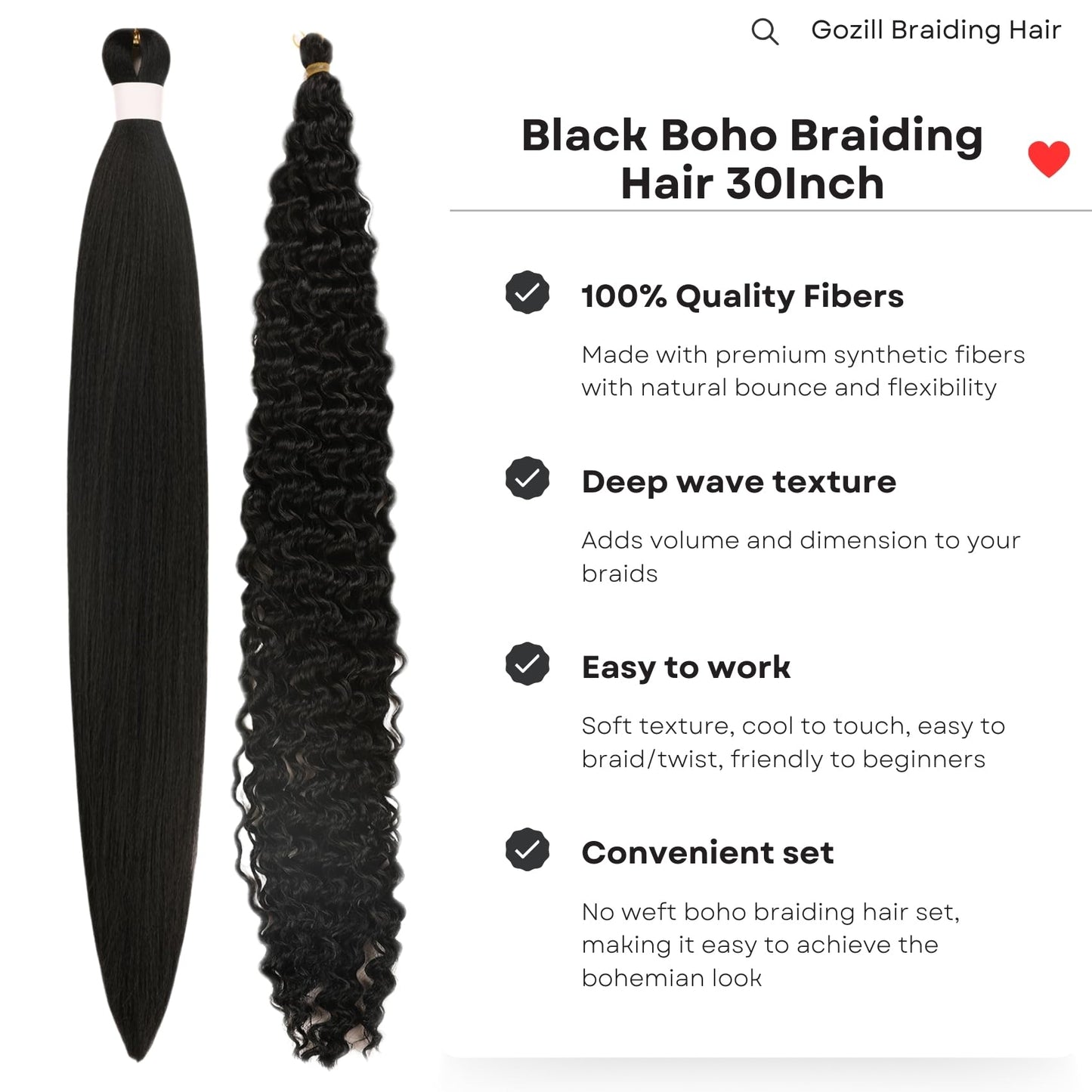 Black Braiding Hair Pre Stretched 30Inch for Boho Braids Long Knotless Weave Boho Braids Hair for Braiding