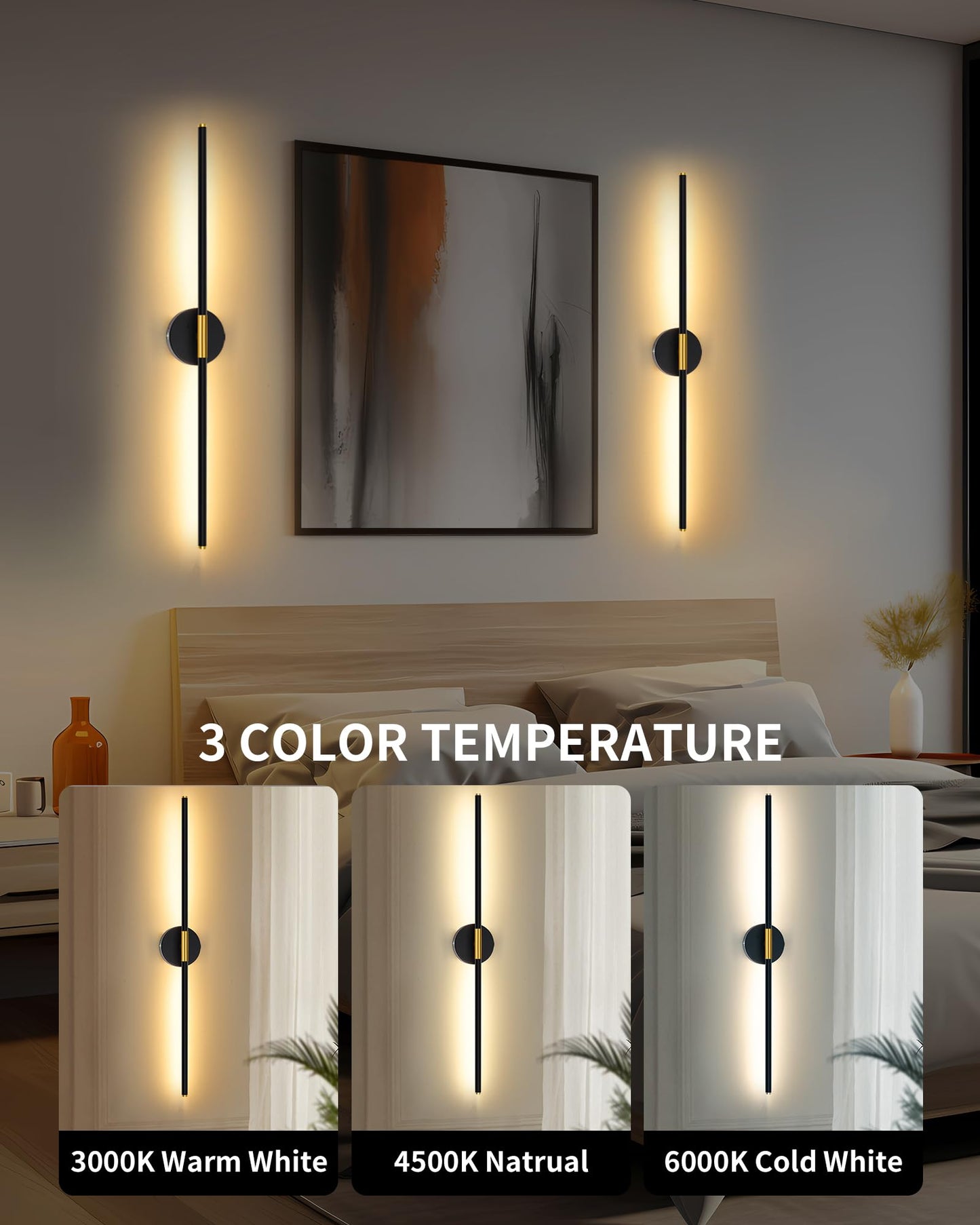 Lumiquesce 24 Inch Battery Operated Wall Sconce Set of 2, Dimmable LED, Black Gold, 8000 mAh Rechargeable, Model 7105