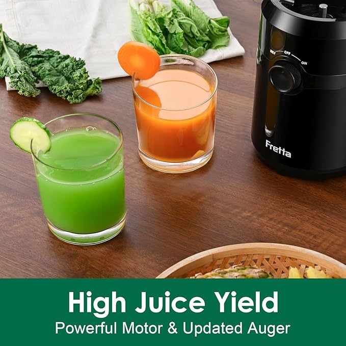 Juicer Machines,Fretta Cold Press Juicer with 4.25" Large Feed Chute,Fit Whole Fruits & Vegetables,High Juice Yield,BPA-Free,Tritan PCTG Material,Black