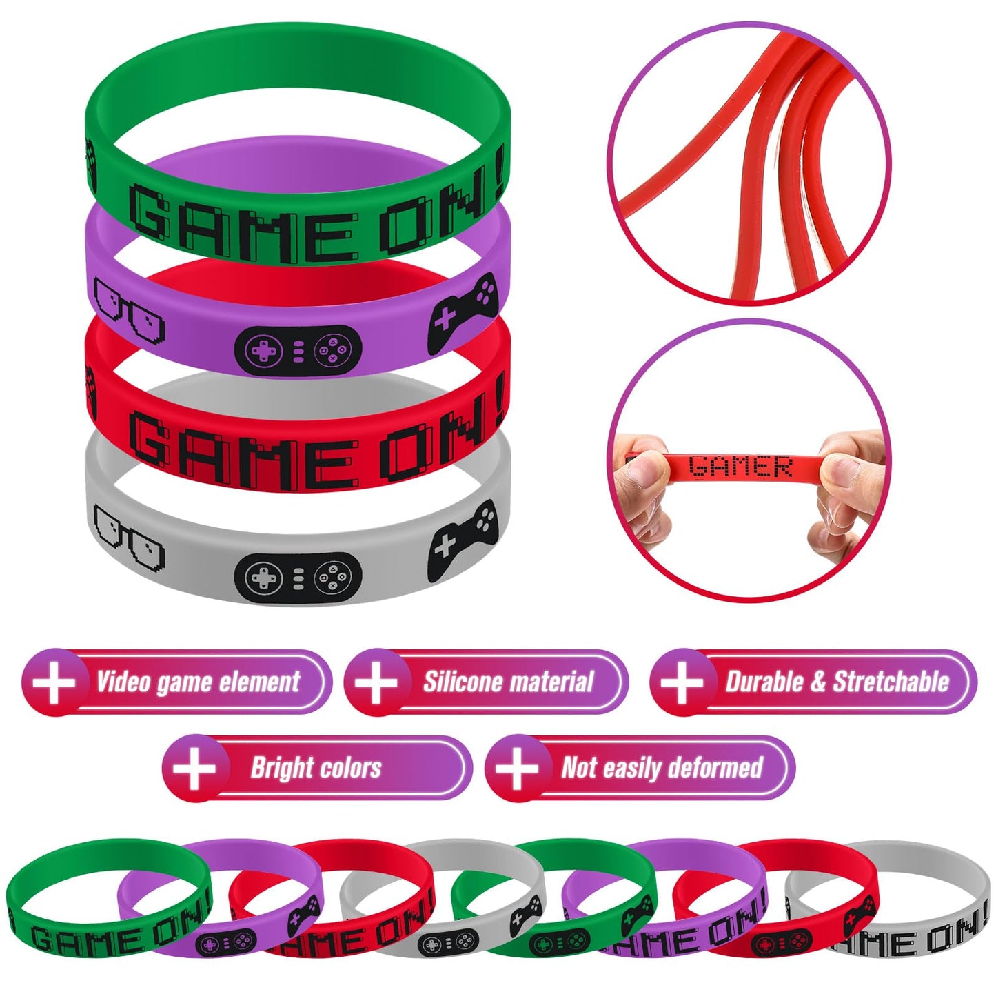 JOVITEC 48pcs Gaming Party Favors Bands, Video Game Bracelet Rubber,video Party Wristbands Supplies (Red, Green, Purple, Grey)