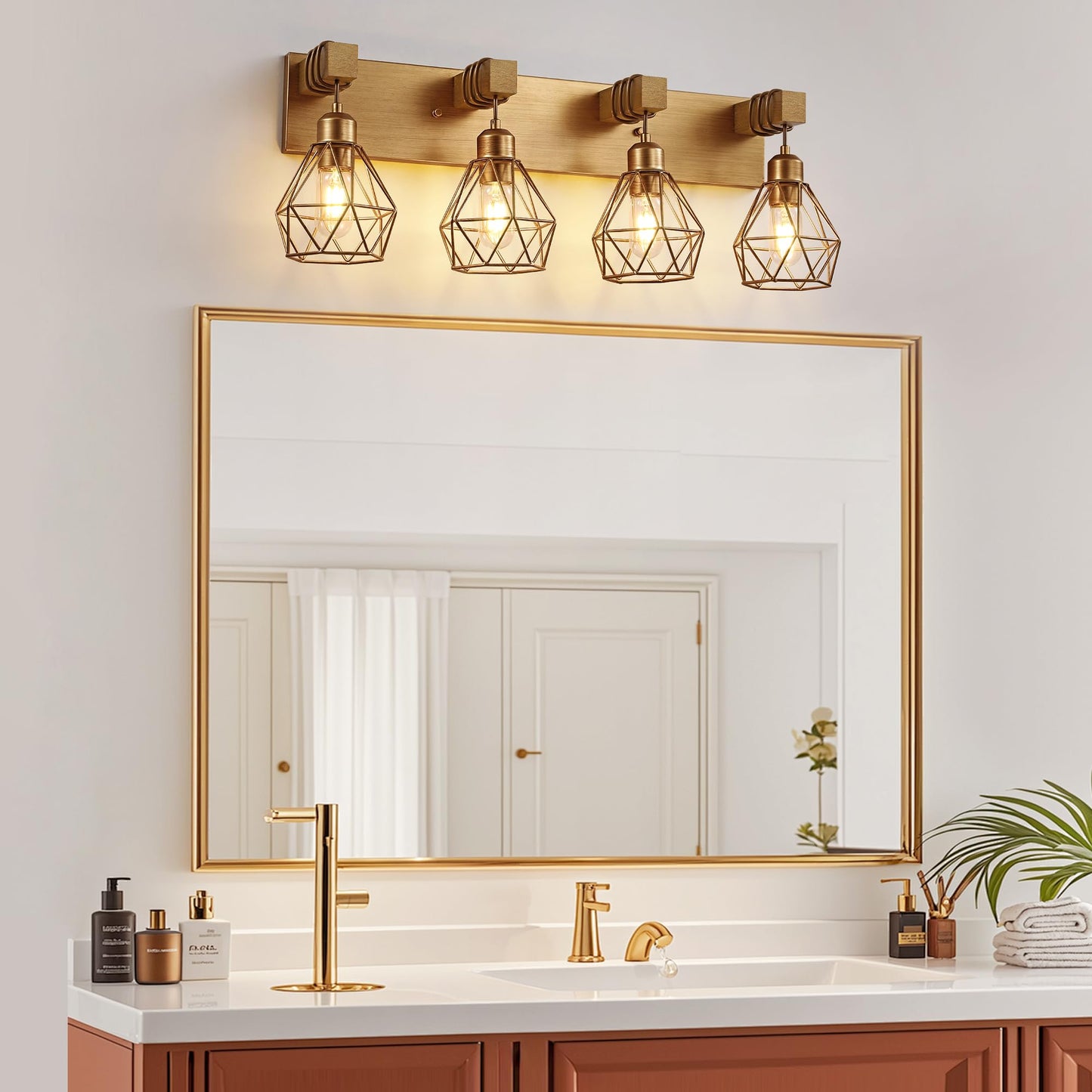 Bathroom Gold Vanity Light Fixtures  4-Light Gold Bathroom Light Fixtures Over Mirror  Sconces Wall Lighting With Elegant Metal Lampshade For Living Room  Bedroom  Hallway