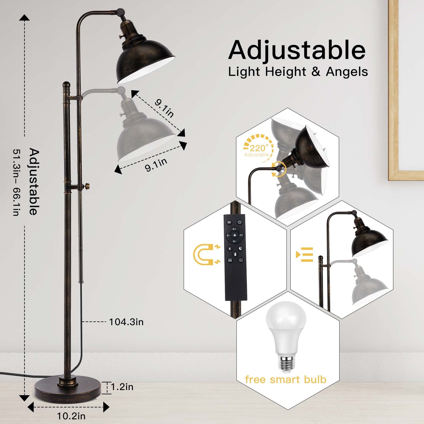 Partphoner Industrial Floor Lamp - Adjustable Rustic Black Metal Shade, Remote Control, Modern Design For Living Room, Bedroom, Office