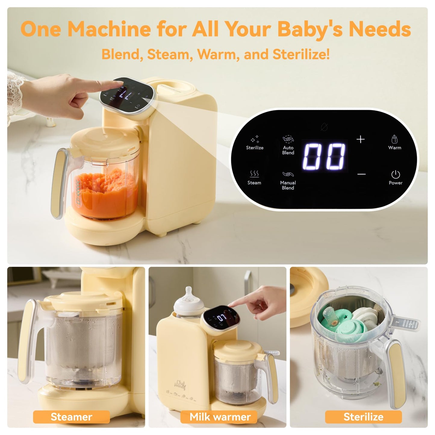Chefhandy Baby Food Maker, Steamer & Blender with Stainless Steel Basket, Puree Maker with Auto/Manual Blend, Bottle Warmer & Sterili-zer, Safe & Easy-to-Clean Compact Baby Food Processor (Yellow)