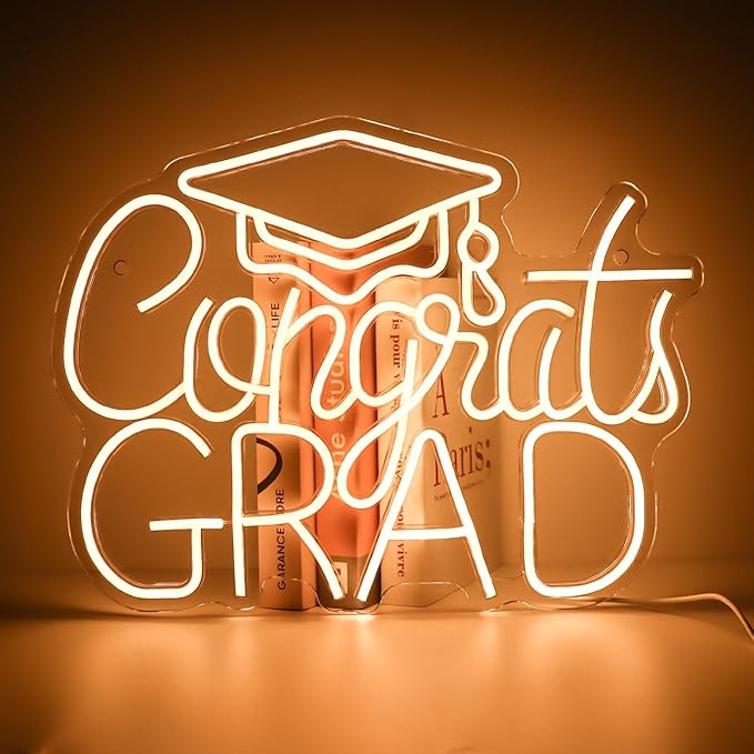 Congrats Grad LED Neon Sign, Graduation Party Decor, 16.5×12.6 Inch Warm White Grad Light Up Letters, Adjustable Congrats ...