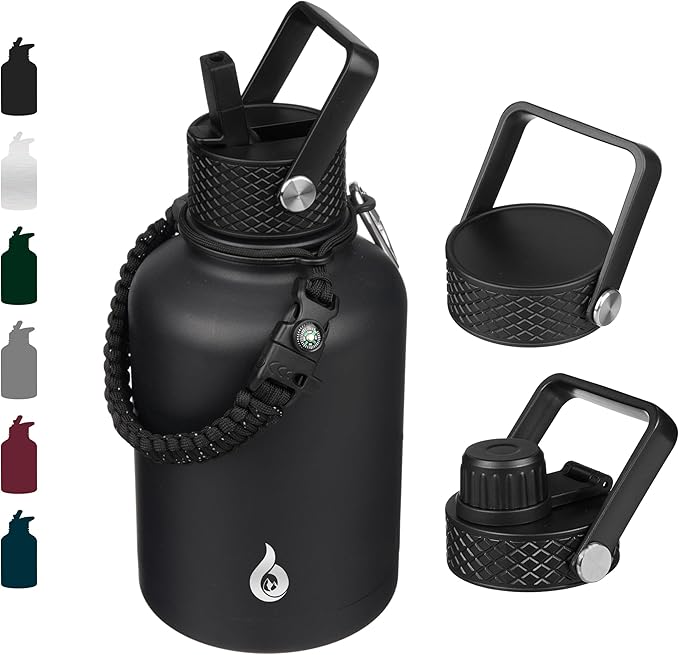 BJPKPK Insulated Water Bottles with Straw Lid, 50oz Large Water Jug, Stainless Steel Vacuum Bottles, Hot & Cold Thermo with 3 Lids and Paracord Handle, Black