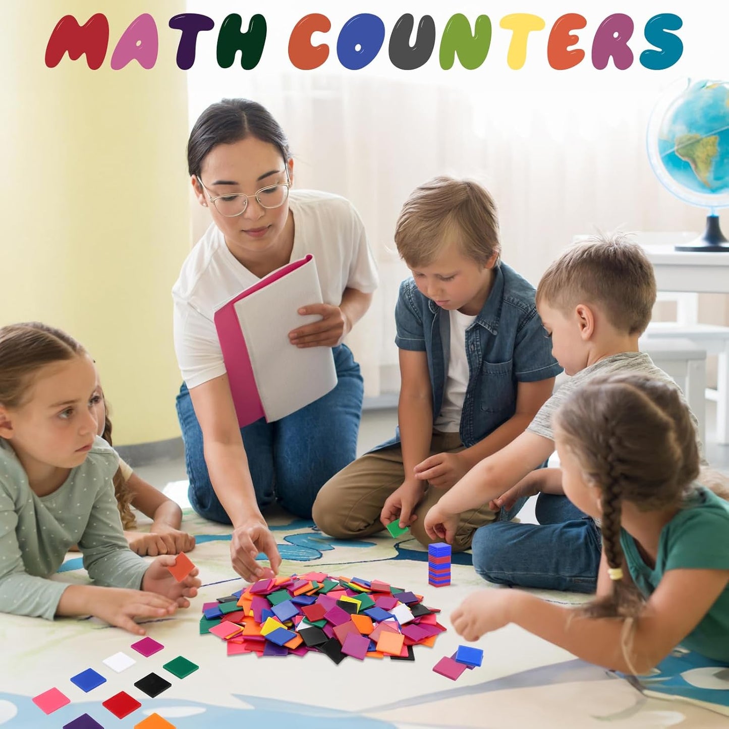 Coopay 200 Pcs Plastic Square Color Tiles, Bingo Chips, Poker Chips, Color Sorting, Math Counters, Game Tokens, Counting Manipulatives for Kids Elementary School Classroom Learning Development Toys