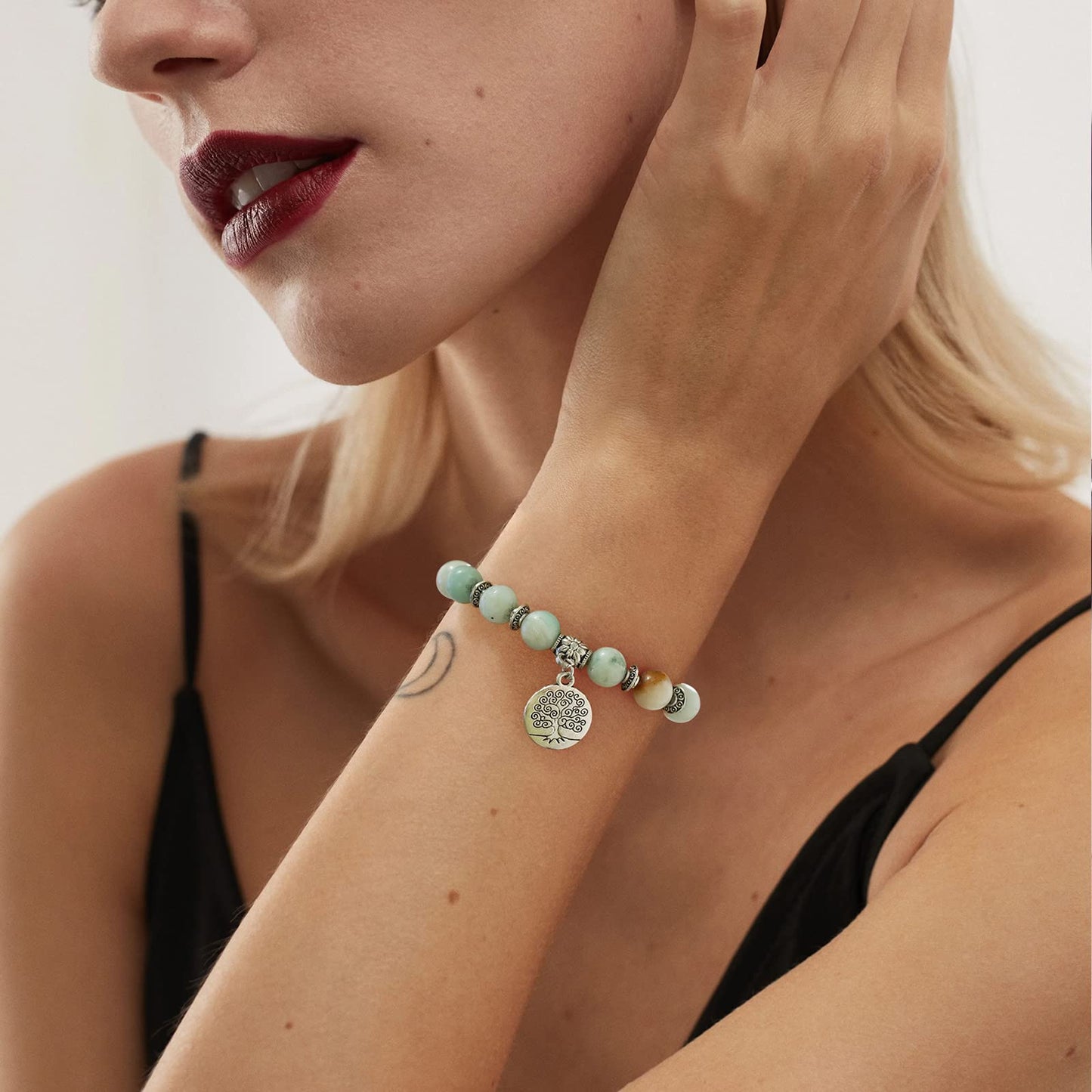 GolbalJew Healing Bracelet For Women Anxiety Amazonite Beaded Bracelets Jewelry Healing Stone Tree of Life Pendant Bracelet Stre