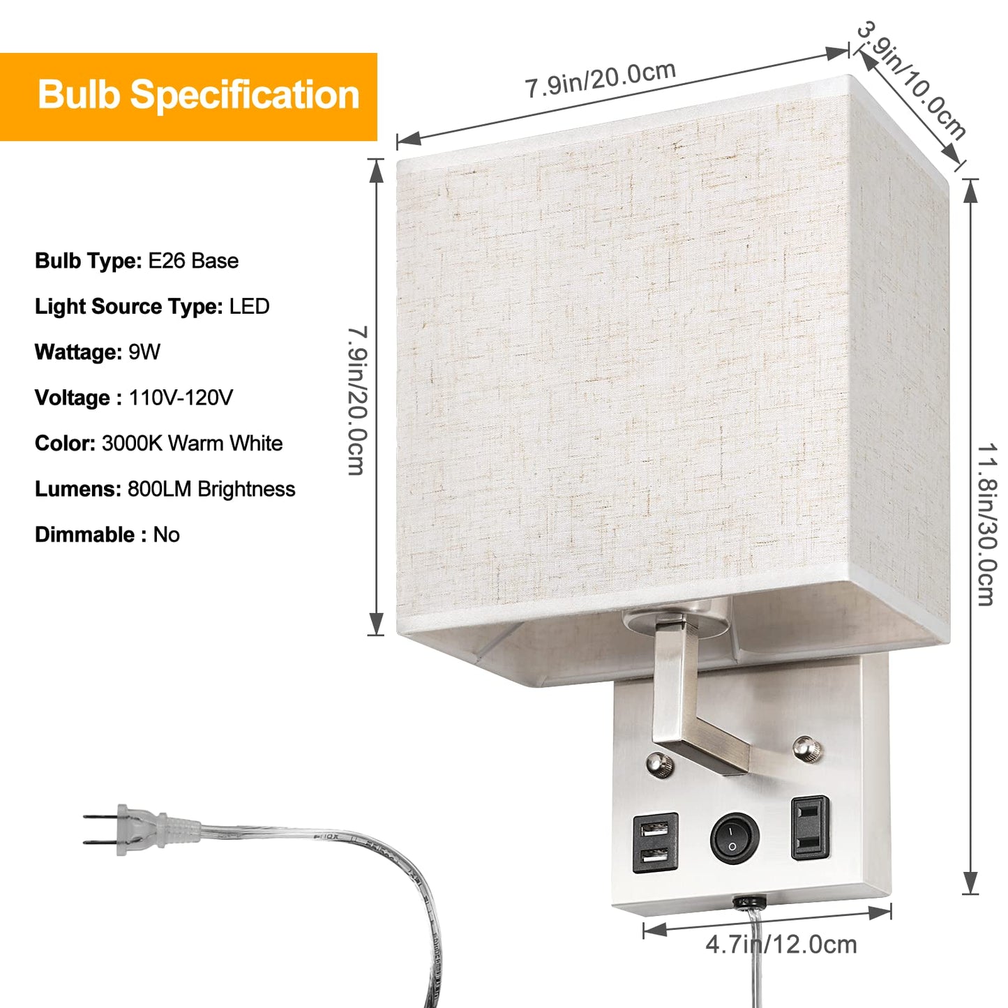 Caduke Wall Lamp Set Of 2, Plug-In With Usb Ports, Brushed Nickel, E26 Led Bulb Included, Modern Sconces For Bedroom & Living Room