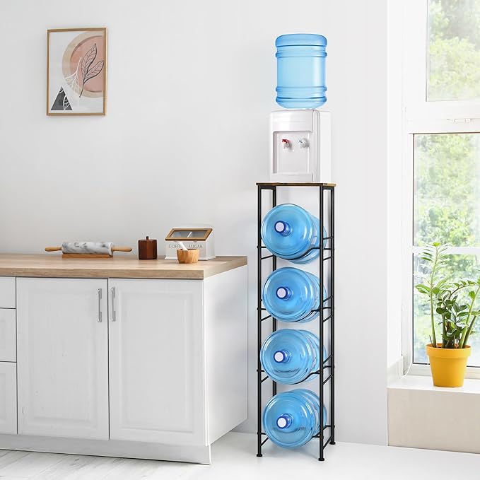 ETELI 5 Gallon Water Bottle Holder Organizer 4 Tier Water Cooler Jug Rack with Storage Shelves Water Bottle Dispenser Stand for Kitchen Living Room Office, Black and Brown