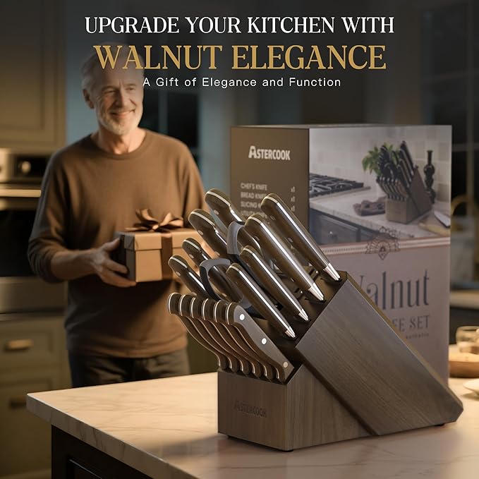 Astercook Knife Set, 17-Pieces Forged Kitchen Knife Set with Block – Full-Tang Stainless Steel Knives, Forged Triple Rivet, Luxury Walnut Handles, Gift-Ready Collection
