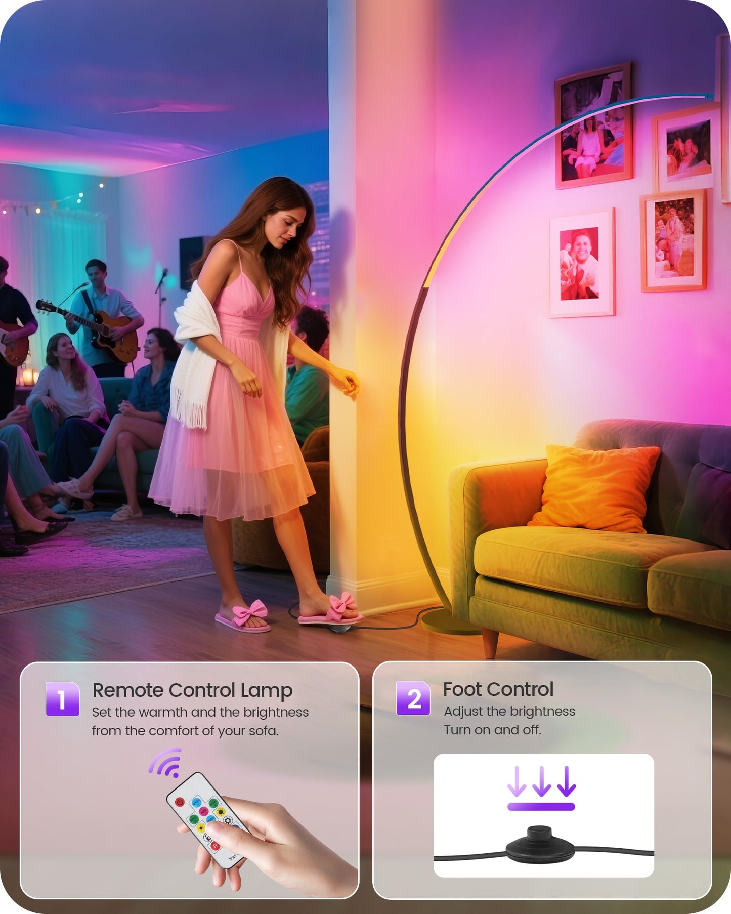 GOEBLESON RGBW Floor Lamp, Dimmable 75” Arc Lamp with Remote, 18 Colors, Metal, Model RB62LD05