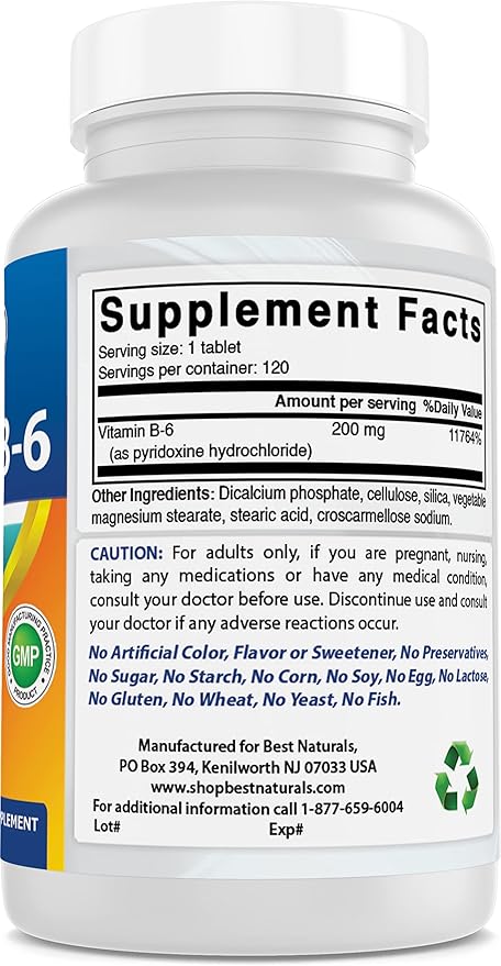 Best Naturals Vitamin b6 200mg for Adults, 120 Tablets (120 Count (Pack of 2))