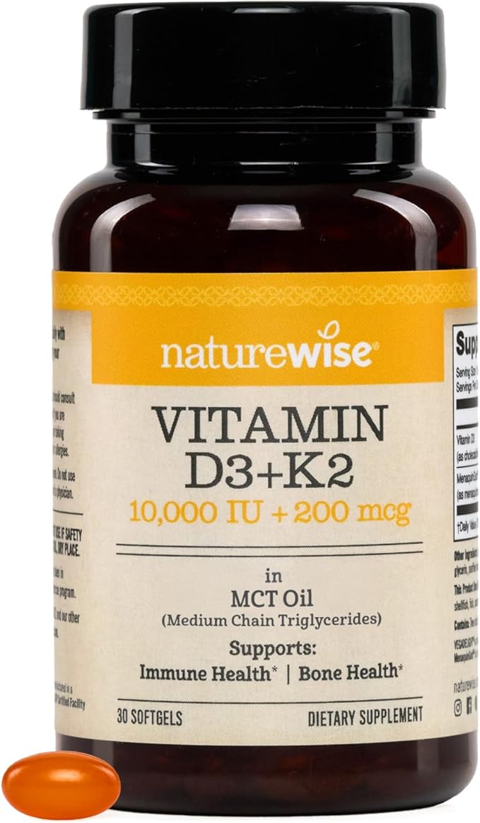 NatureWise Vegan Vitamin D3 + K2 in Organic Coconut MCT Oil - Organic D3 10000IU + Natural K2 100mcg - High Absorption Bone Support - Non-GMO - USA Manufactured - 30 Softgels[30-Day Supply]