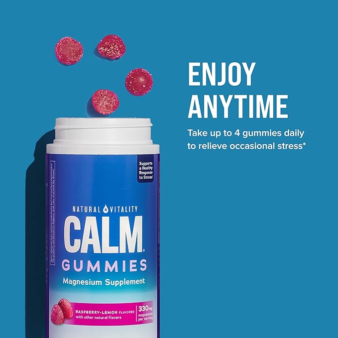 Natural Vitality Calm, Magnesium Citrate Supplement, Stress Relief Gummies, Supports a Healthy Response to Stress, Gluten Free, Vegan, Raspberry Lemon, 240 Gummies (Packaging May Vary)