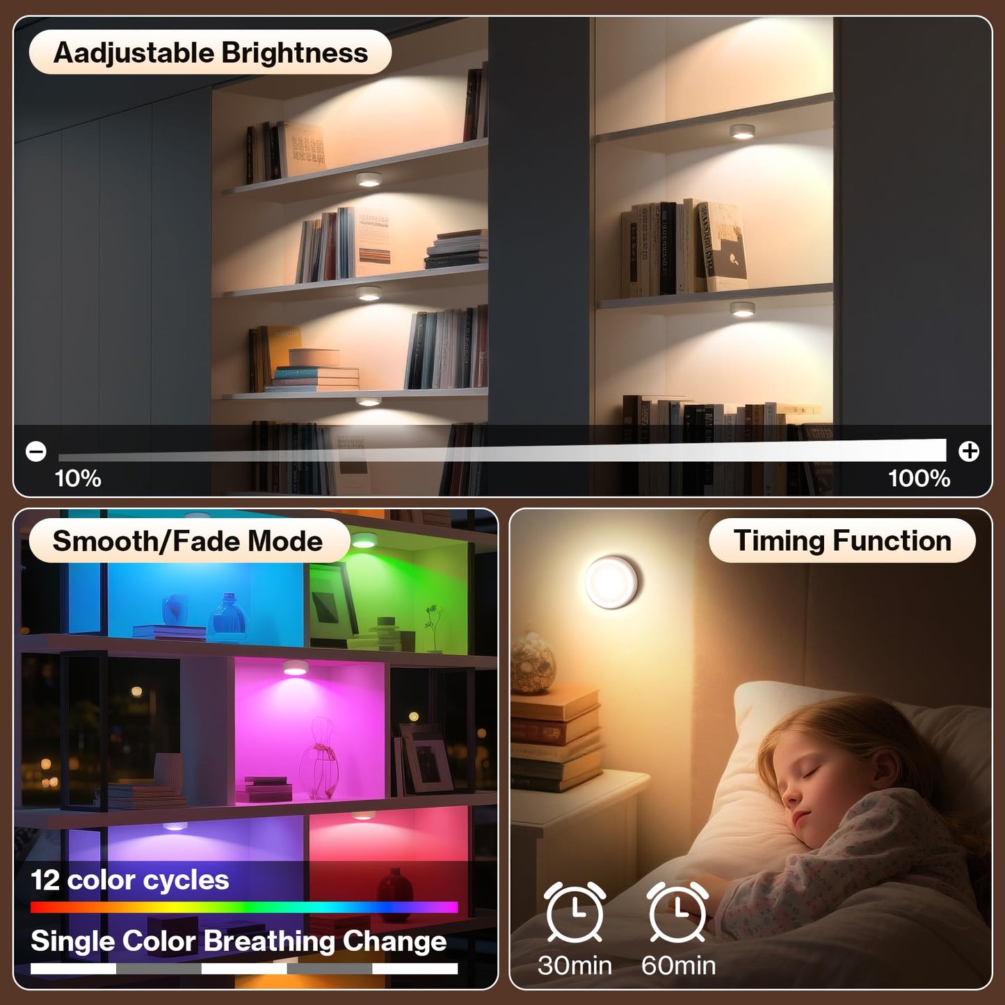 Cadrim Under Cabinet Lighting Puck Lights, Rechargeable, Remote Control, 13 Colors RGB, 1000mAh, 1pcs, White, Plastic