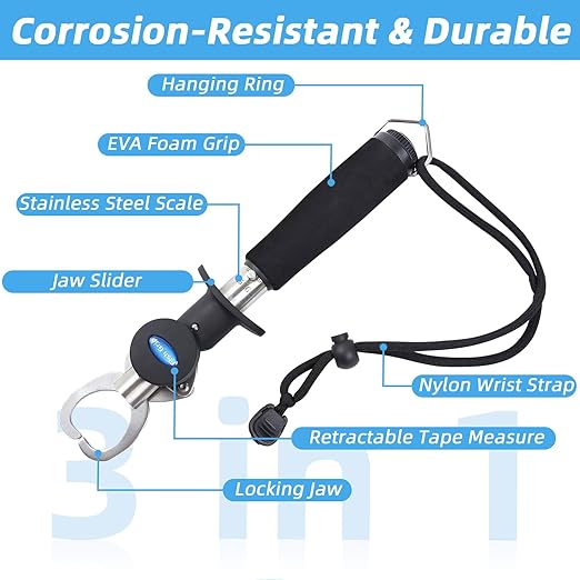 Fish Gripper with Scale – 33 lb Stainless Steel Fish Lip Gripper, EVA No-Slip Handle, Quick-Release Fish Lip Clamp, Adjustable Wrist Lanyard for Kayak, Boat & Bank Fishing