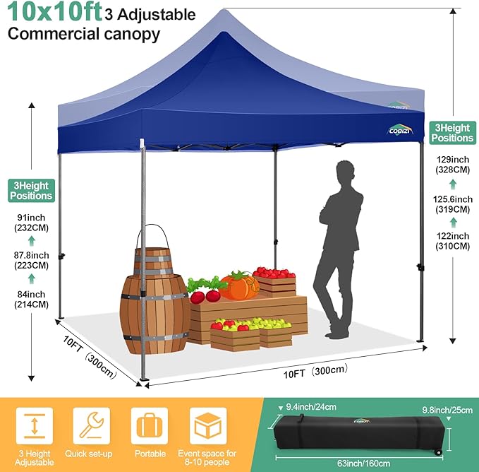 COBIZI 10x10 Ez Pop Up Canopy Tent with 4 sidewalls Heavy Duty Canopy UPF 50+, 100% Waterproof Outdoor Canopy Wedding Tents for Parties Instant Portable Gazebo with Roller Bag, Navy Blue