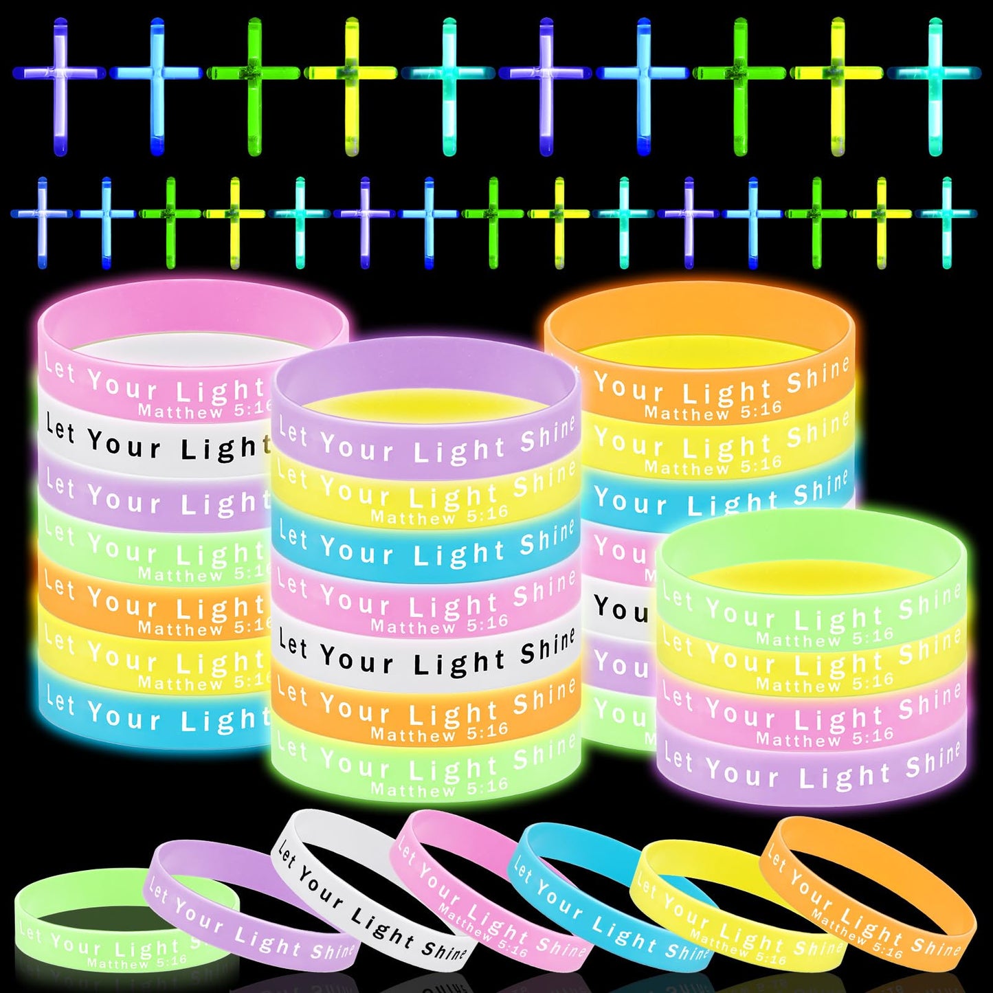 ShinyRelief 100 Pcs Glow in the Dark Christian Party Favors Silicone Bracelets for Kids Cross Necklace Bulk Sunday School Bible