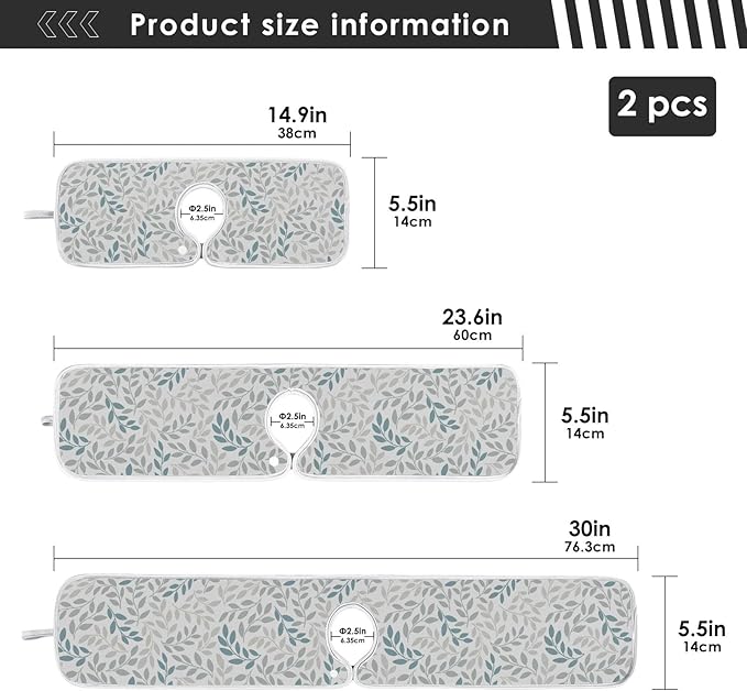 Gray and Blue Leaves Branches Faucet Water Catcher Mat 2 Pack Botanical Herbs Flowers Drying Mat Absorbent Bathroom Faucet Handle Drip Catcher Tray Bar RV Kitchen Sink Splash Guard 30x5 Inches