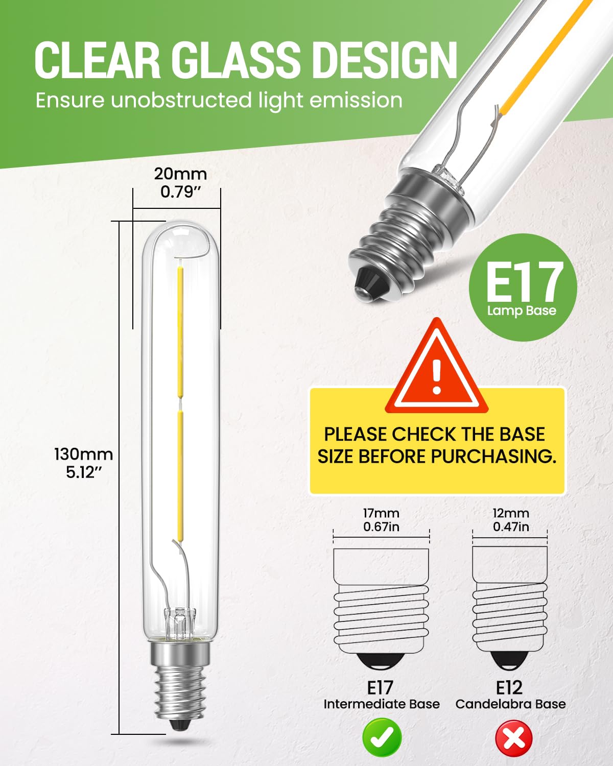 Tobebright T6.5 Led Exit Sign Light Bulbs 2W Refrigerator Light Bulb 20W T6.5 120V Intermediate Base E17 Clear Appliance Bulb Equivalent For Refrigerator Freezer Daylight 6000K(2-Pack)