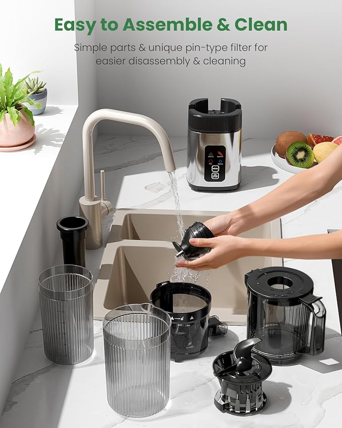 Kismile Cold Press Juicer Machine with Touch Control & 3 Modes, 4.35” Wide Feed Chute Slow Juicer for Whole Fruits & Vegetables, Stainless Steel Juicer Press, Easy to Clean, High Juice Yield for Home