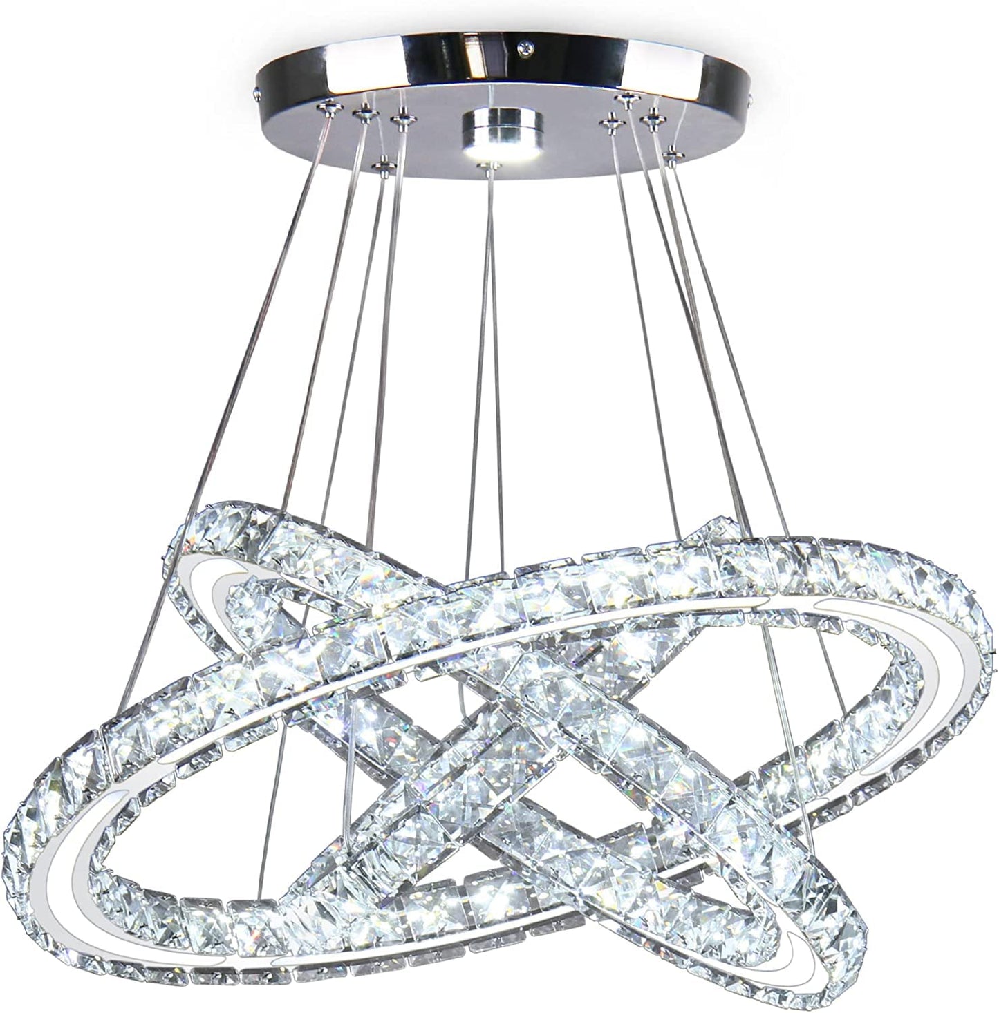 Cxgleaming Led Chandeliers Modern Ceiling Light Fixture 3 Rings Adjustable Crystal Pendant Light Fixture Ceiling Hanging For Living Room Dining Room Bedrooms Hall 250Mm Base 209 Crystals (Cool White)