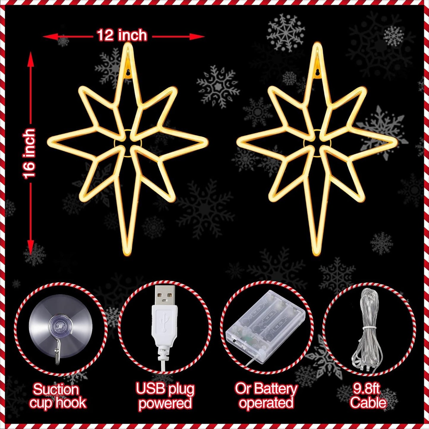 Enhon 2 Pack 16 Inch Bethlehem Star Window  Christmas Star  Nativity Lighted Outdoor  Usb Powered Or Battery Operated Bethlehem Christmas Neon Light For Window Bedroom Indoor Decor (Warm White)