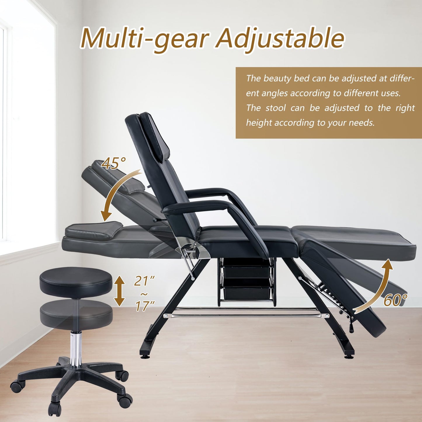 Anzios Massage Salon Tattoo Chair with Two Trays Esthetician Bed with Hydraulic Stool, Multi-Purpose 3-Section Facial Bed Table, Adjustable Beauty Barber Spa Beauty Equipment