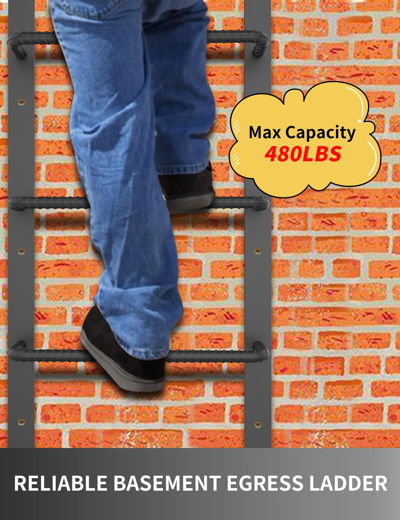 5-Rung Window Well Ladder, Heavy Duty Steel Basement Egress, Fire Escape for Emergency Home Safety (56.2" Lx17.9" W, Straight, Matte Black)