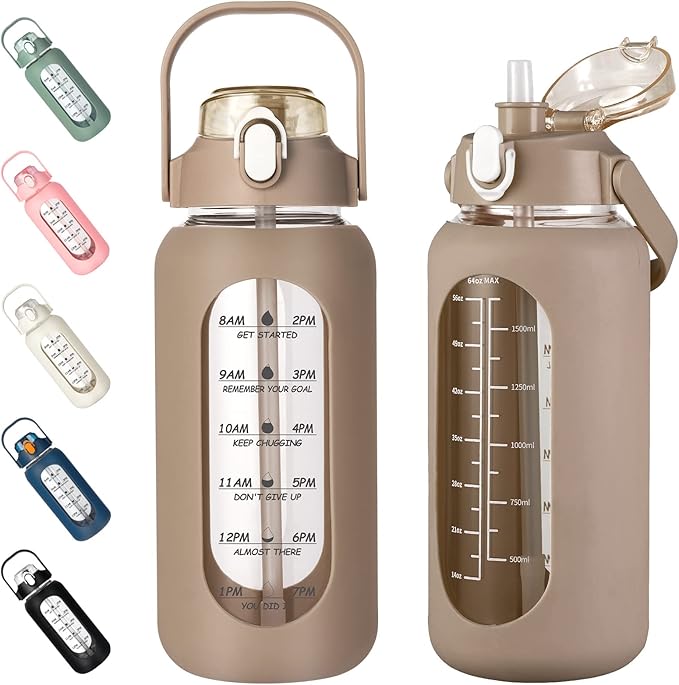 kytffu 64oz Glass Water Bottles with Straw, Half Gallon Motivational Glass Bottle with Silicone Sleeve and Time Marker, 2L Leakproof Large Glass Water Jug for Gym Home Office,Amber