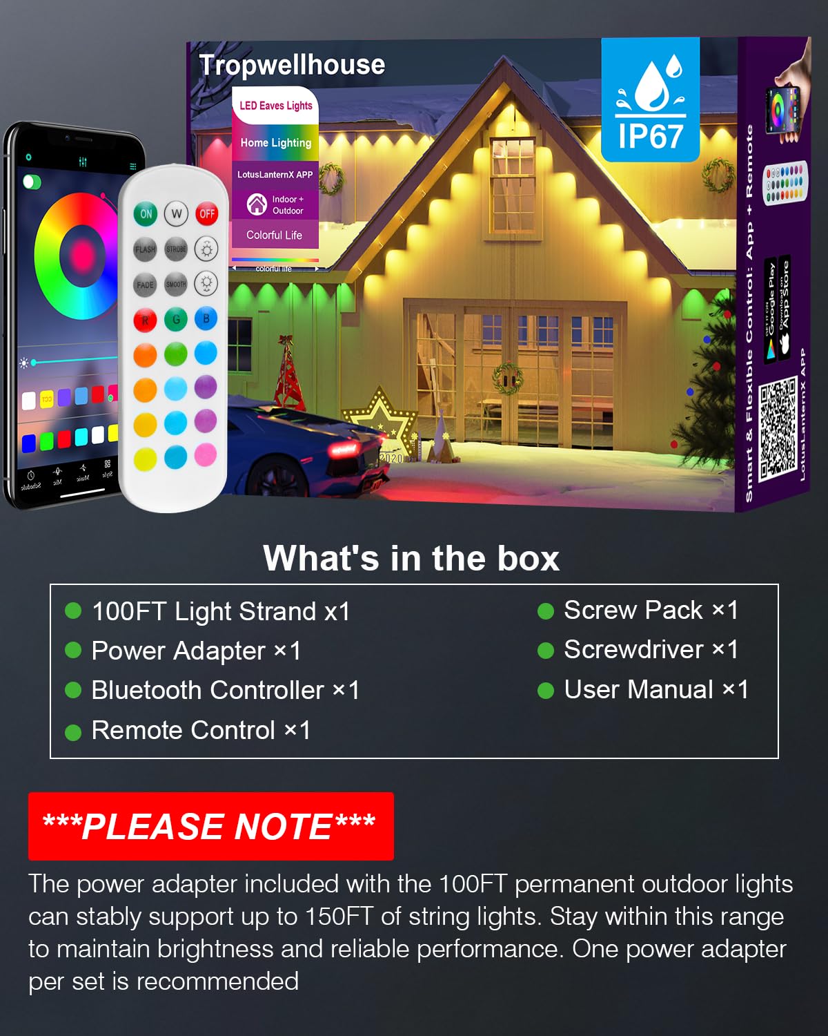 Tropwellhouse Permanent Outdoor Lights For House  100Ft Rgb Smart Led Eave Lights With App & Remote Control  Ip67 Waterproof For Outdoor Decorations Including Halloween  Christmas  And Daily Lighting