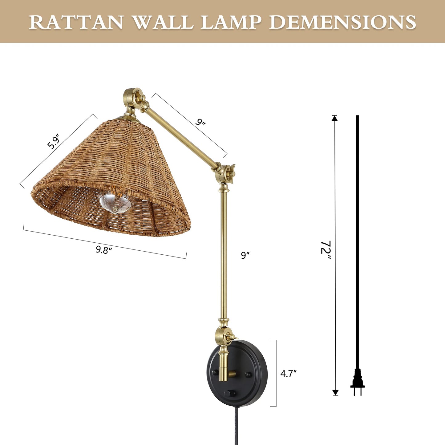 Wingbo Wall Sconce - Adjustable Rattan Wrapped Lamp, Brass & Wicker Shade, Gold/Black, Vintage Design, Plug-In Or Hardwire