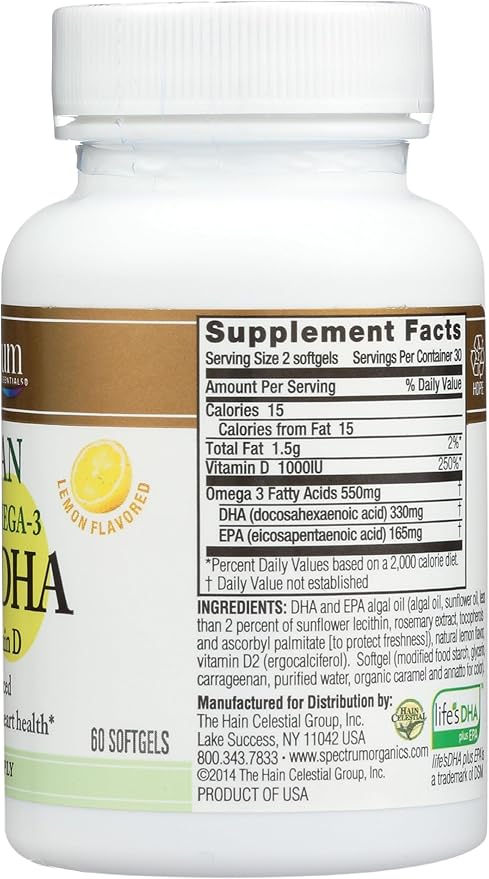 Spectrum Essentials Soft Gels, Vegan Ultra Omega-3 EPA and DHA with Vitamin D, 60 Count