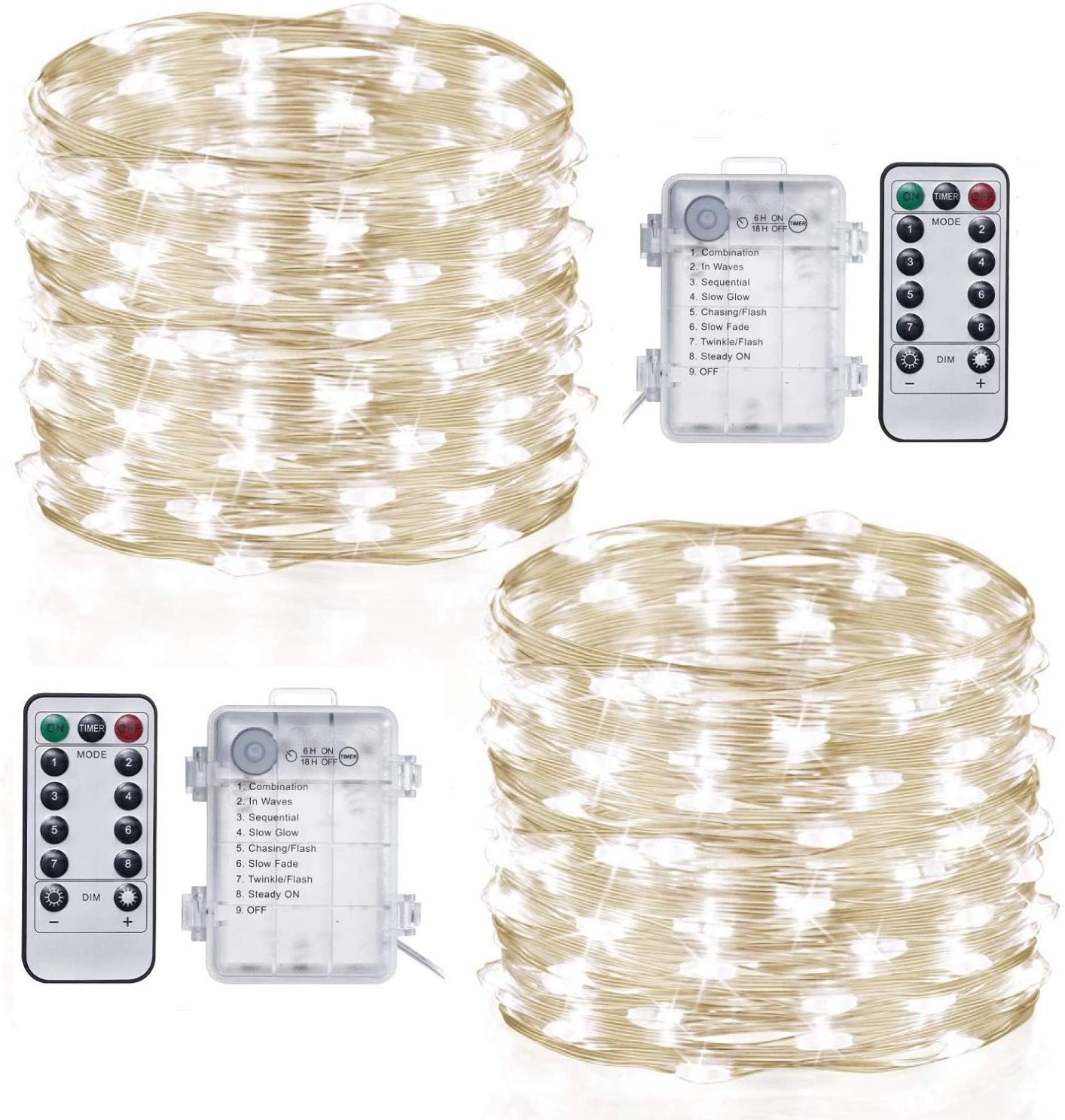TingMiao 100 LED String Lights, 33ft Battery Operated, Cool White, Waterproof Copper Wire, Remote Control Timer, 2 Pack