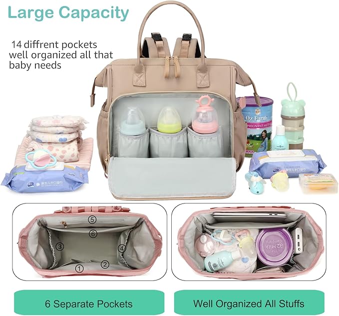 Convertible Diaper Bag Tote, Wide Open Top 14 Pockets Stylish Baby Diaper Bag with Stroller Buckle, Water-resistant (Mocha Mousse, Large)