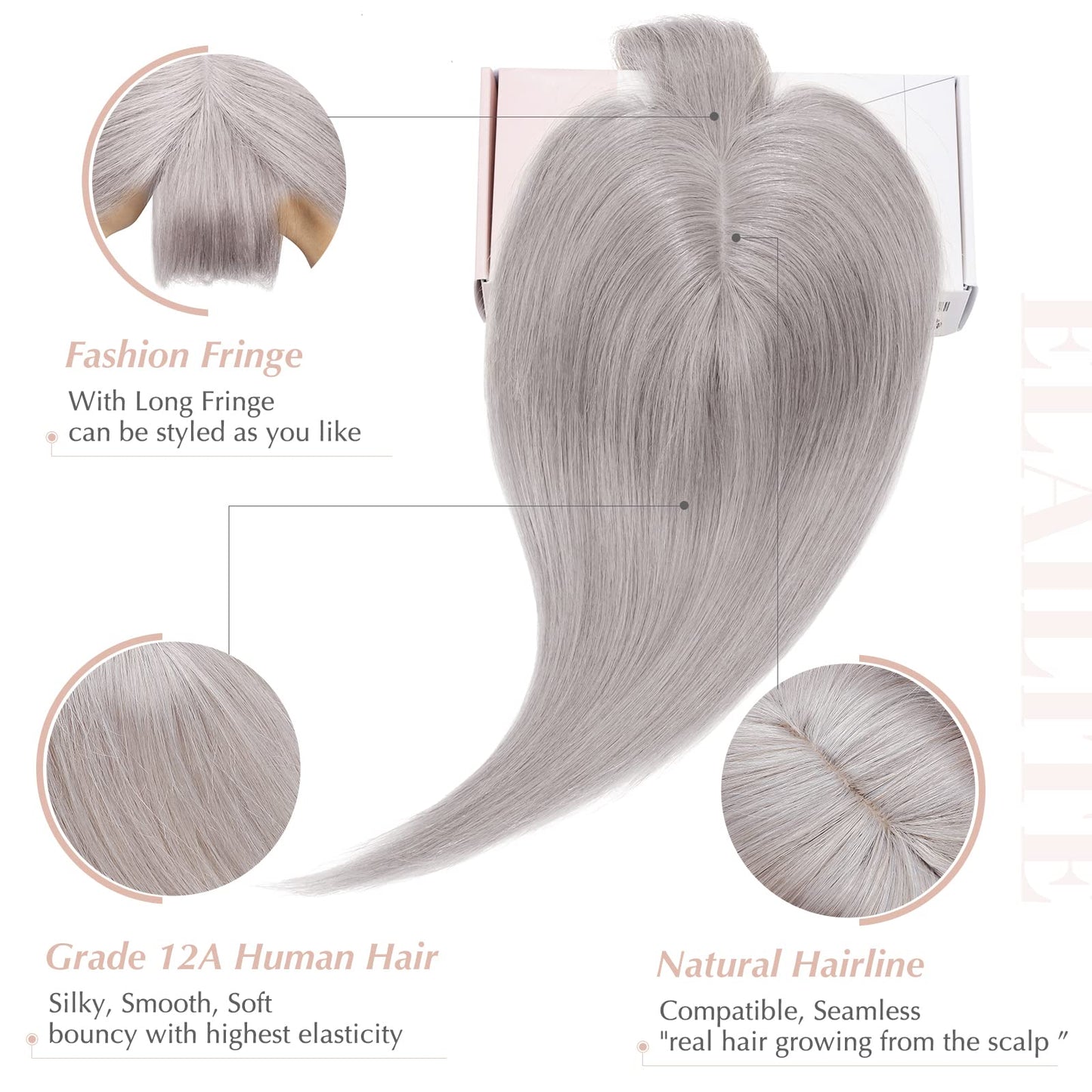 Elailite Hair Toppers for Women Real Human Hair Topper with Bangs Thinning Thin 5.1x2.8 Silk Base Clip in Remy Hairpieces 8 Inch
