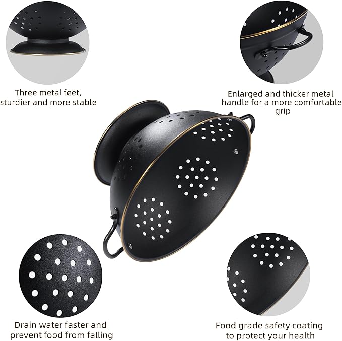 Metal Colander Set of 2, Strainer Basket with Handles perfect for Spaghetti, Pasta, Berry, Vegetable, Fruit, Solid Base Powder Coated Self-draining Kitchen Colander Bowel, 3.5 & 5 Qt, Matte Black