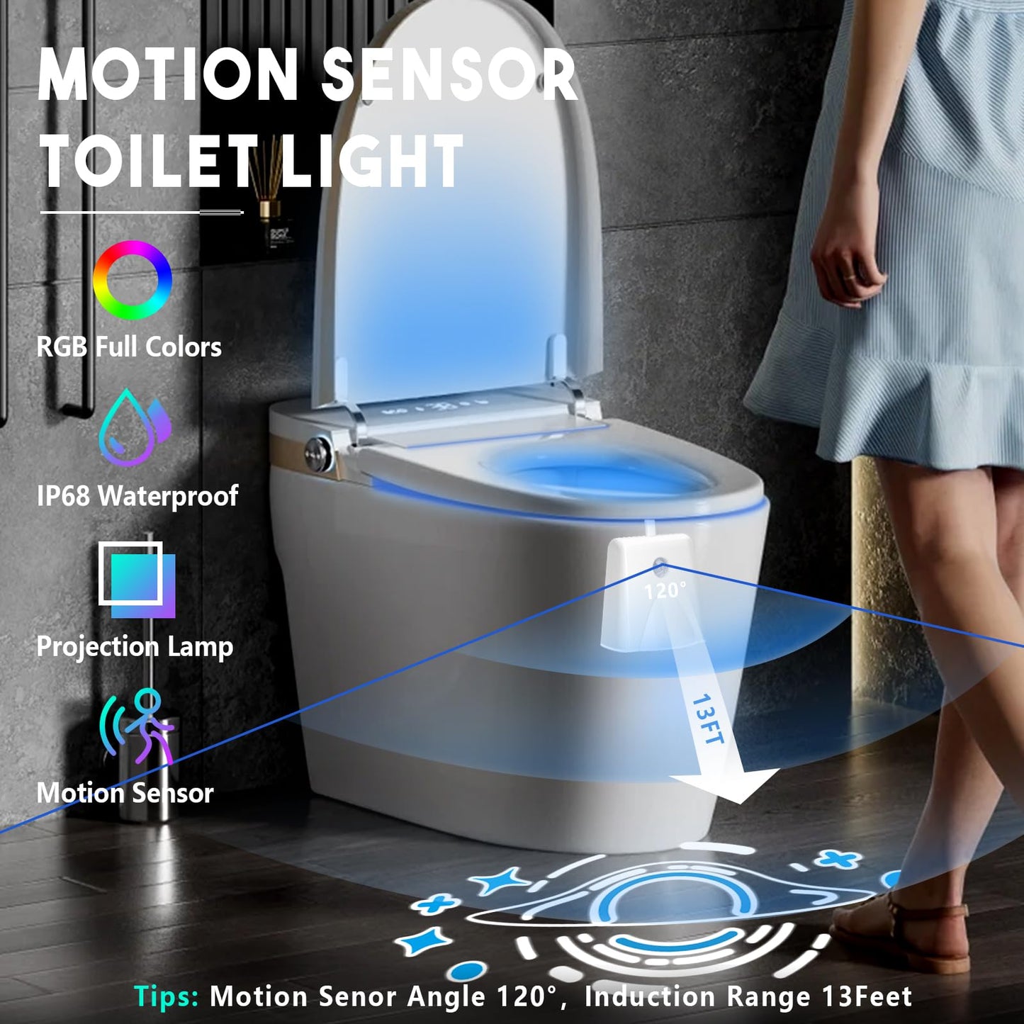 LAVAED Motion Sensor Night Light, 2 Pack, 16 Color Changing, Rechargeable LED Toilet Bowl Light, Waterproof, Model F16-TL3-2pcs