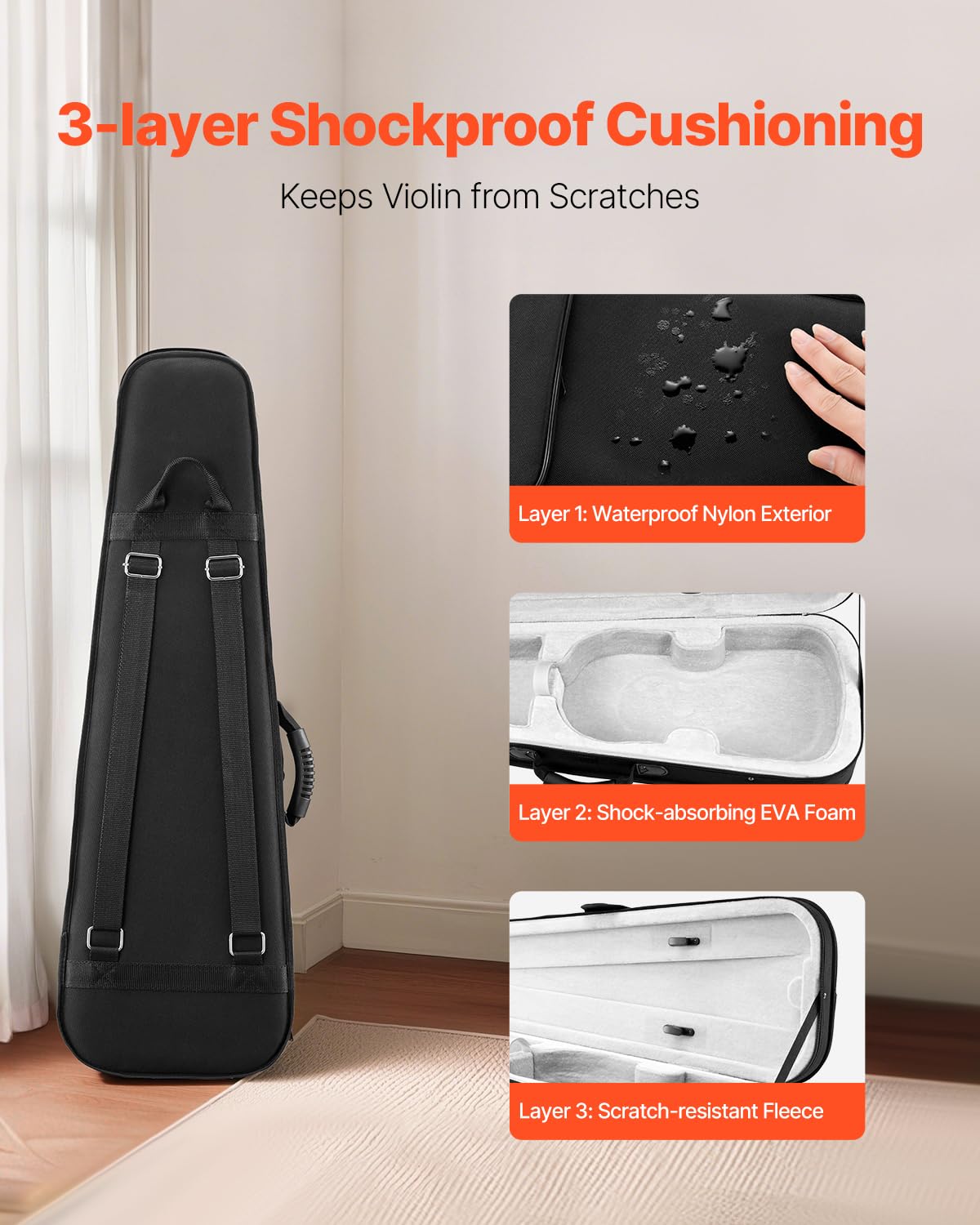 Vevor 4/4 Full Size Violin Case, Nylon Waterproof, Lightweight Portable Travel Carrying Bag, With Plush Lining, Dual Shoulder St