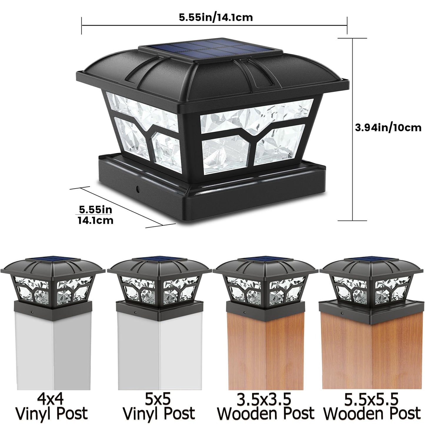 SIEDiNLAR Solar Post Cap Lights - 8 LEDs, 2 Color Modes, Black, 4 Pack, Fits 4x4, 5x5, 6x6 Posts